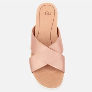 UGG KARI Metallic Rose Gold Crisscross Leather Strap Slide Sandals